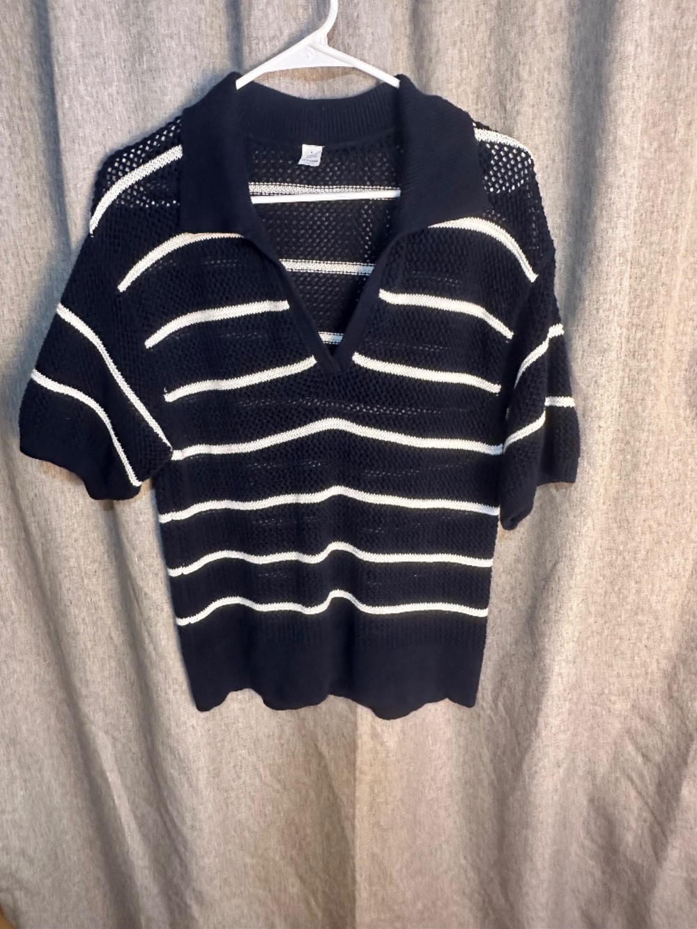 OLD NAVY Navy Blue & White Striped Open-Stitch Polo Sweater Top - Size L